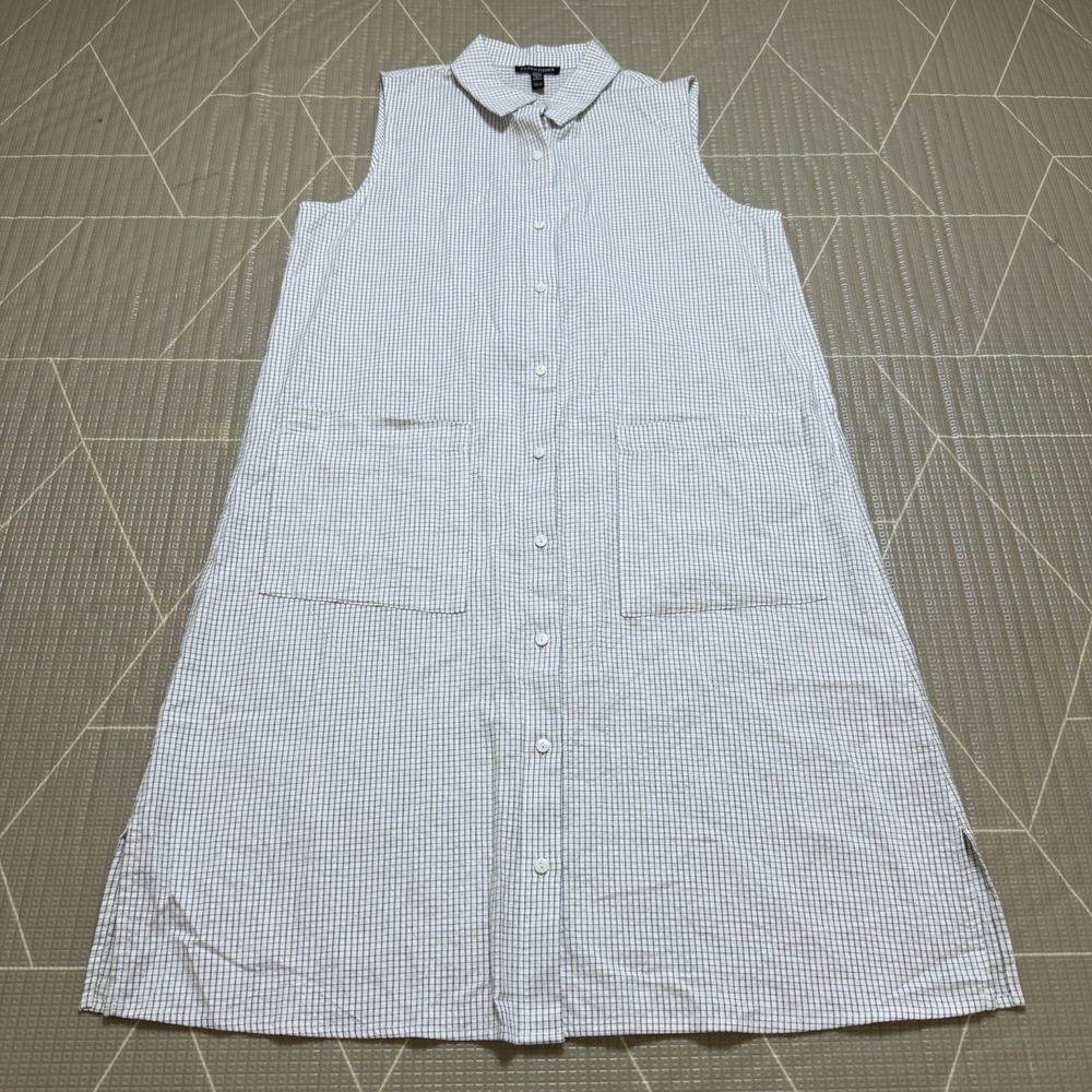 Eileen Fisher Grid Printed Sleeveless Dress XS Organic Cotton Shirt Dress White